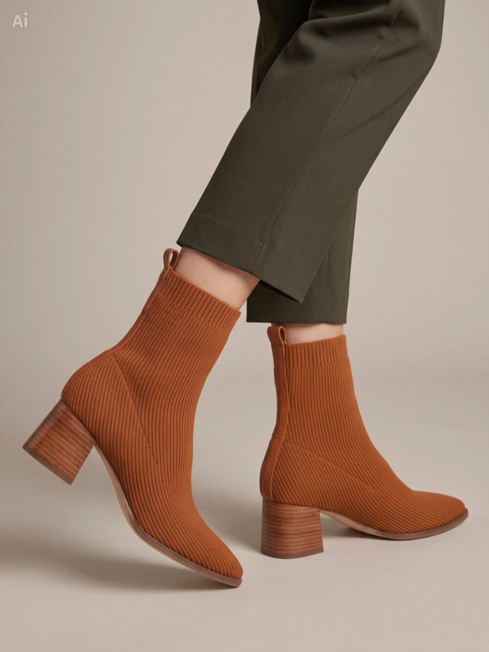 Camel Brown Ribbed Knit Sock Bootie Boots Pointed Toe Block Heel